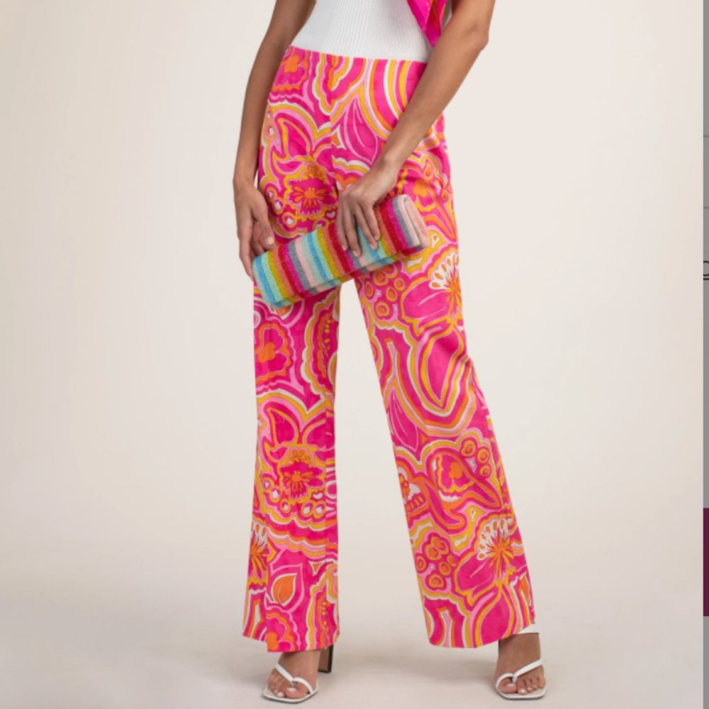 Trina Turk Geometric Silk Cowl Neck Wide Leg Set